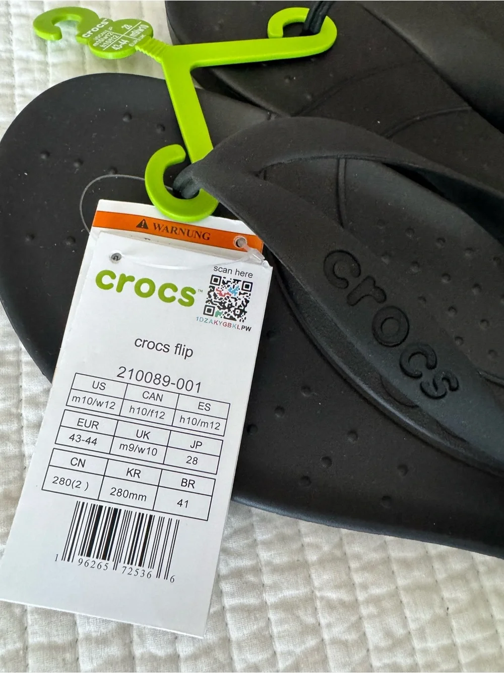 CROCS Black Flip Flop Sandals with Lime Hanger